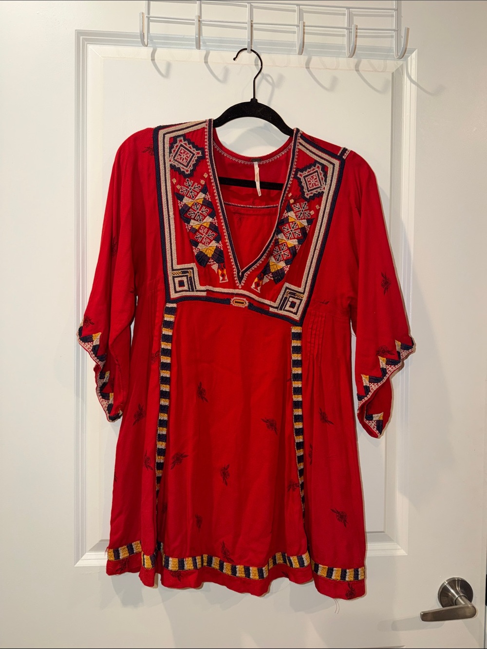 Free People Red Embroidered V-Neck Mini Dress